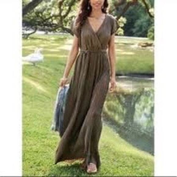 Soft Surroundings Perfect Plisse Mocha French Pleat Maxi Long Dress - Picture 1 of 11